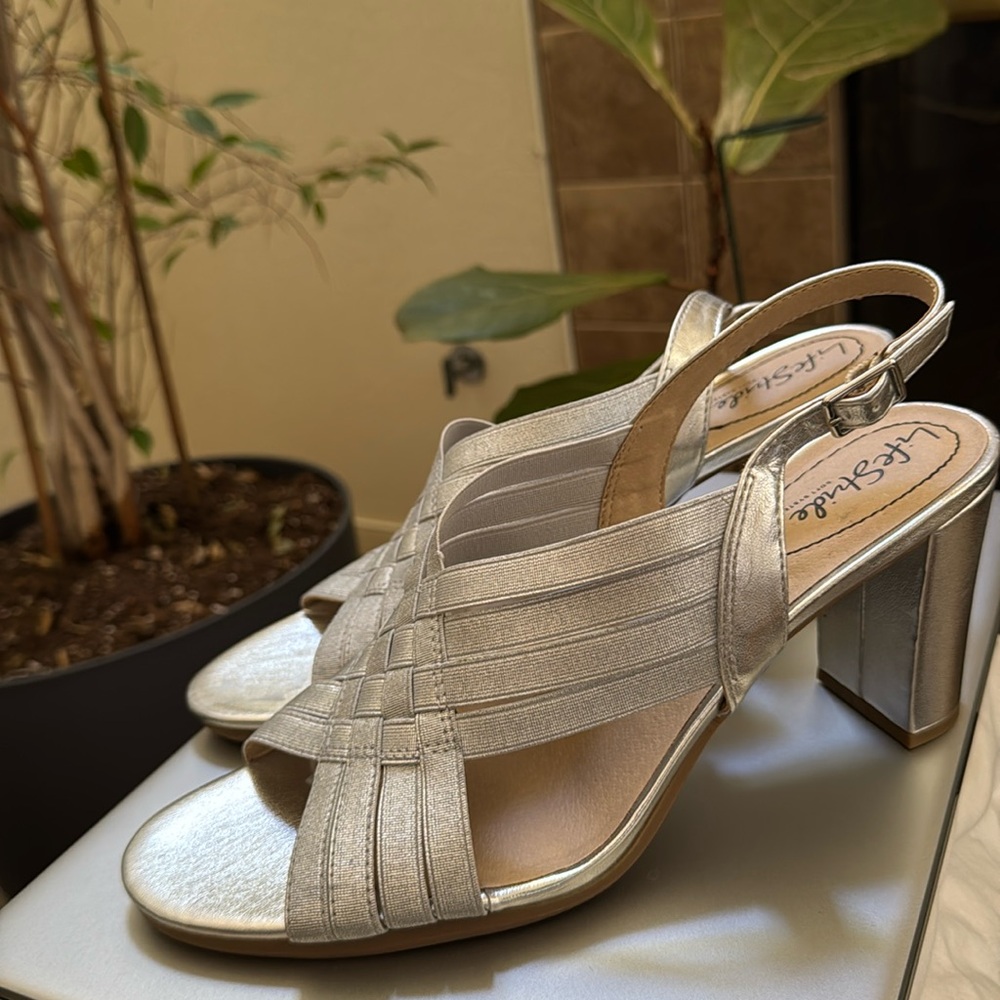 LifeStride, Silver, Size 11 “Amy Slingbacks,” open toe and heel pumps.